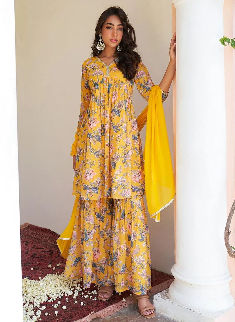 ZERESOUQ Yellow Georgette Digital Floral Printed Sharara Set